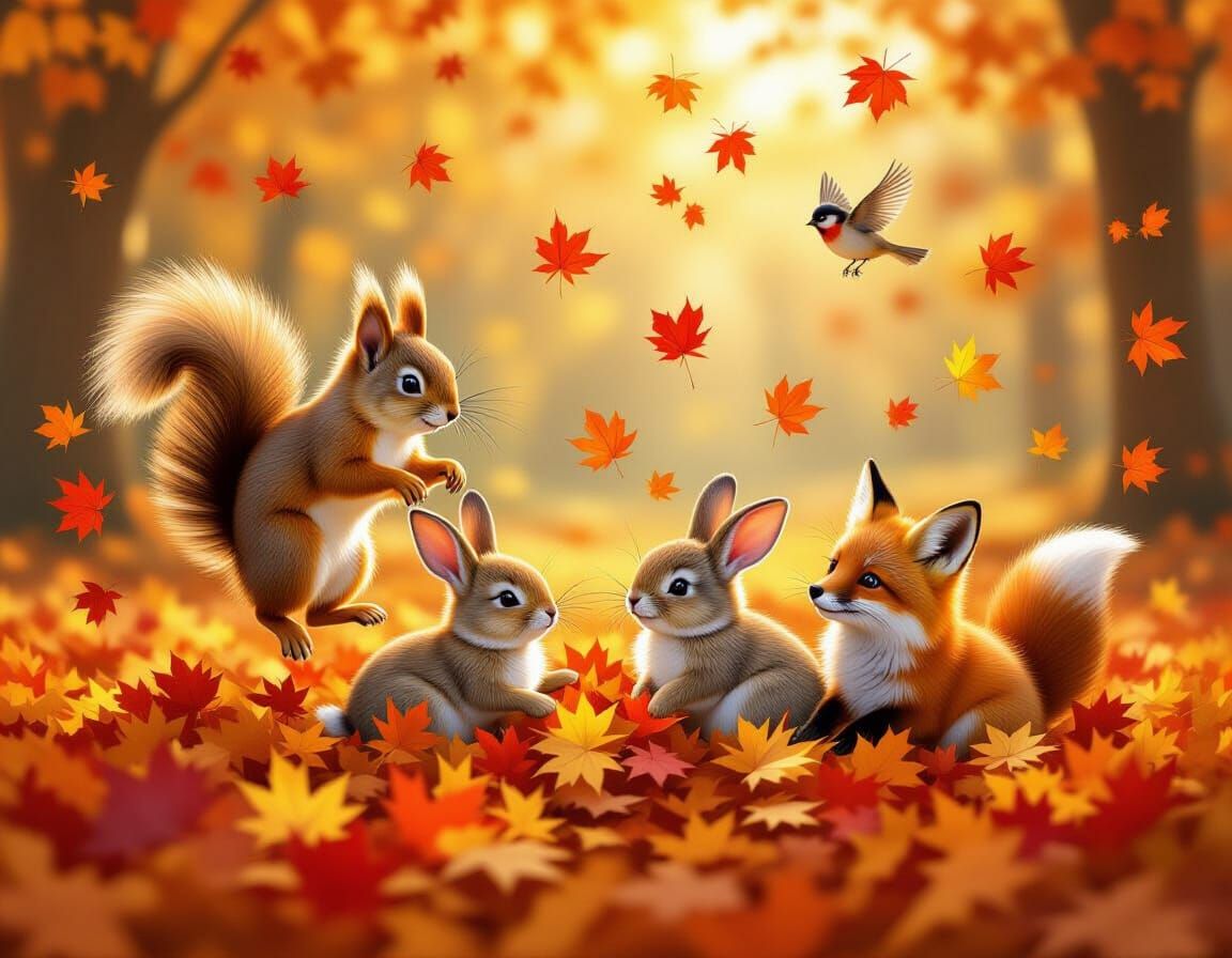 Adorable Woodland Animals Playing in Autumn Leaves