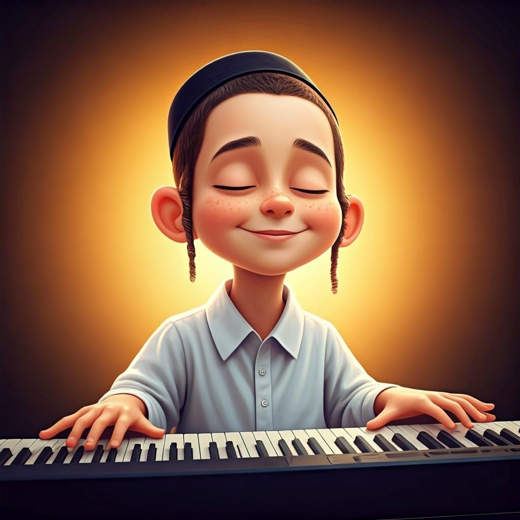 Joyful Hassidic Boy Playing Piano: 3D Digital Art