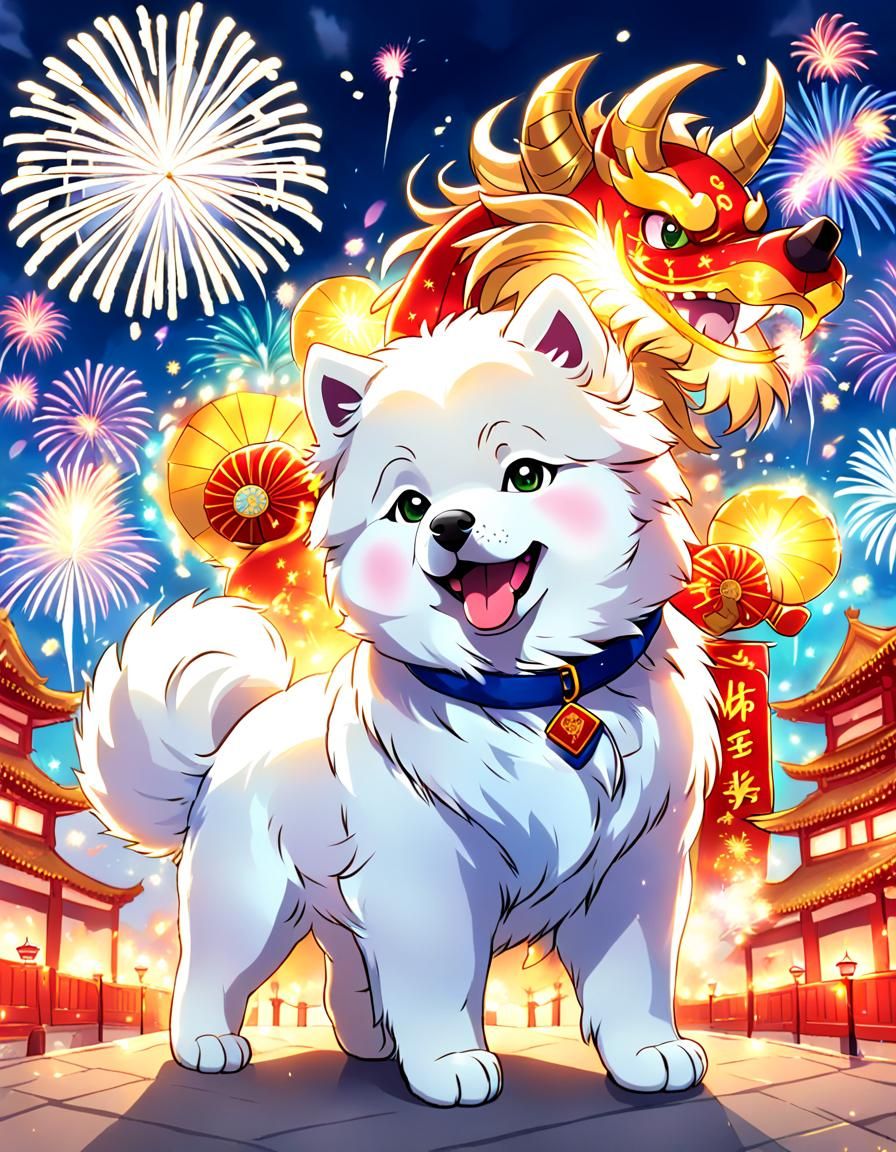 Samoyed Puppy Celebrates Chinese New Year in Anime Style