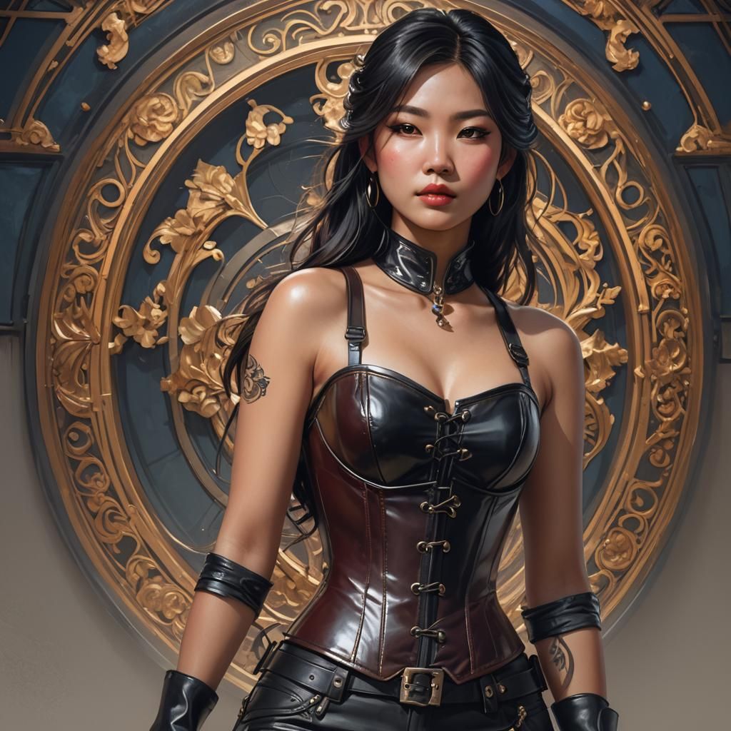 Asian Woman in Leather Corset, Digital Art