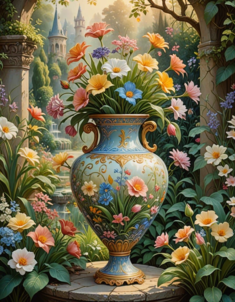 Vintage Fantasy Garden Scene with Elegant Porcelain Vase