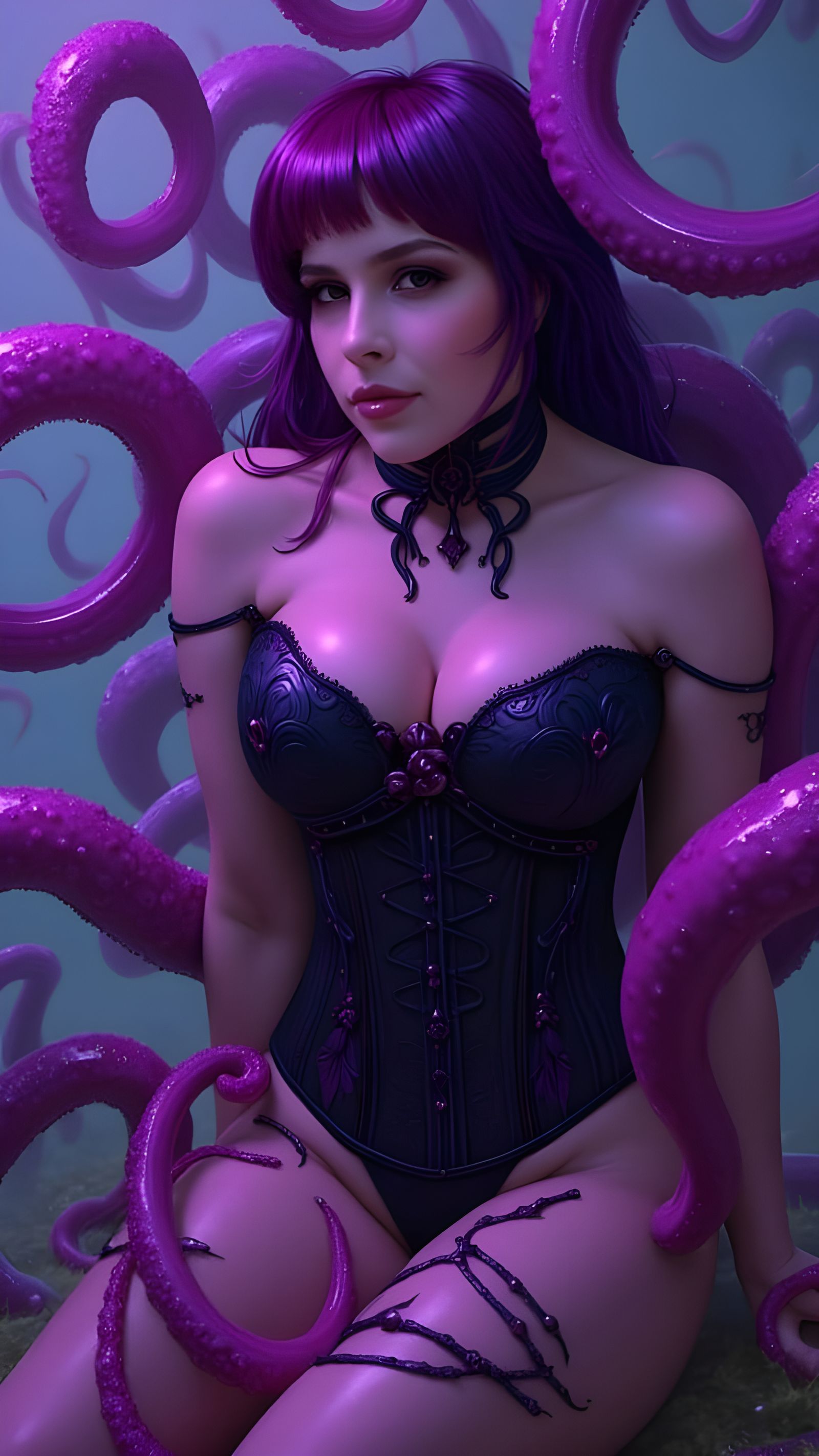 Ethereal Gothic Goddess with Shimmering Purple Tentacles