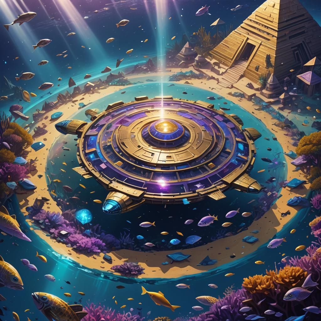 Sunken UFO and Pyramid in Bioluminescent Ocean