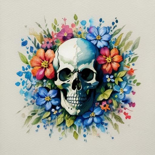 Skull and Flowers in Gouache Watercolor Style