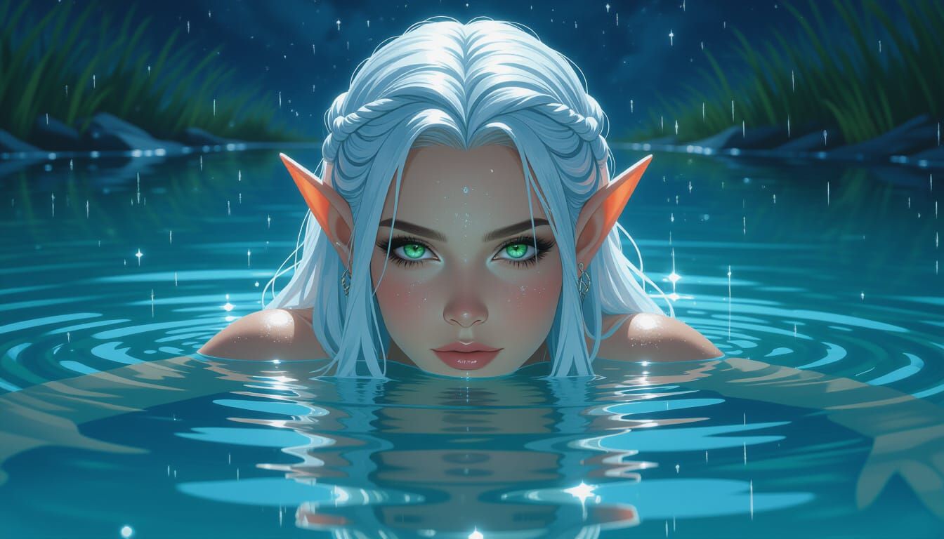 Elf Woman Swimming in Lake at Night, Photorealistic