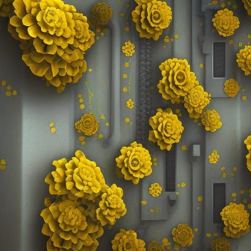 Steampunk Yellow Flowers Climb a Wall in Detailed Painting