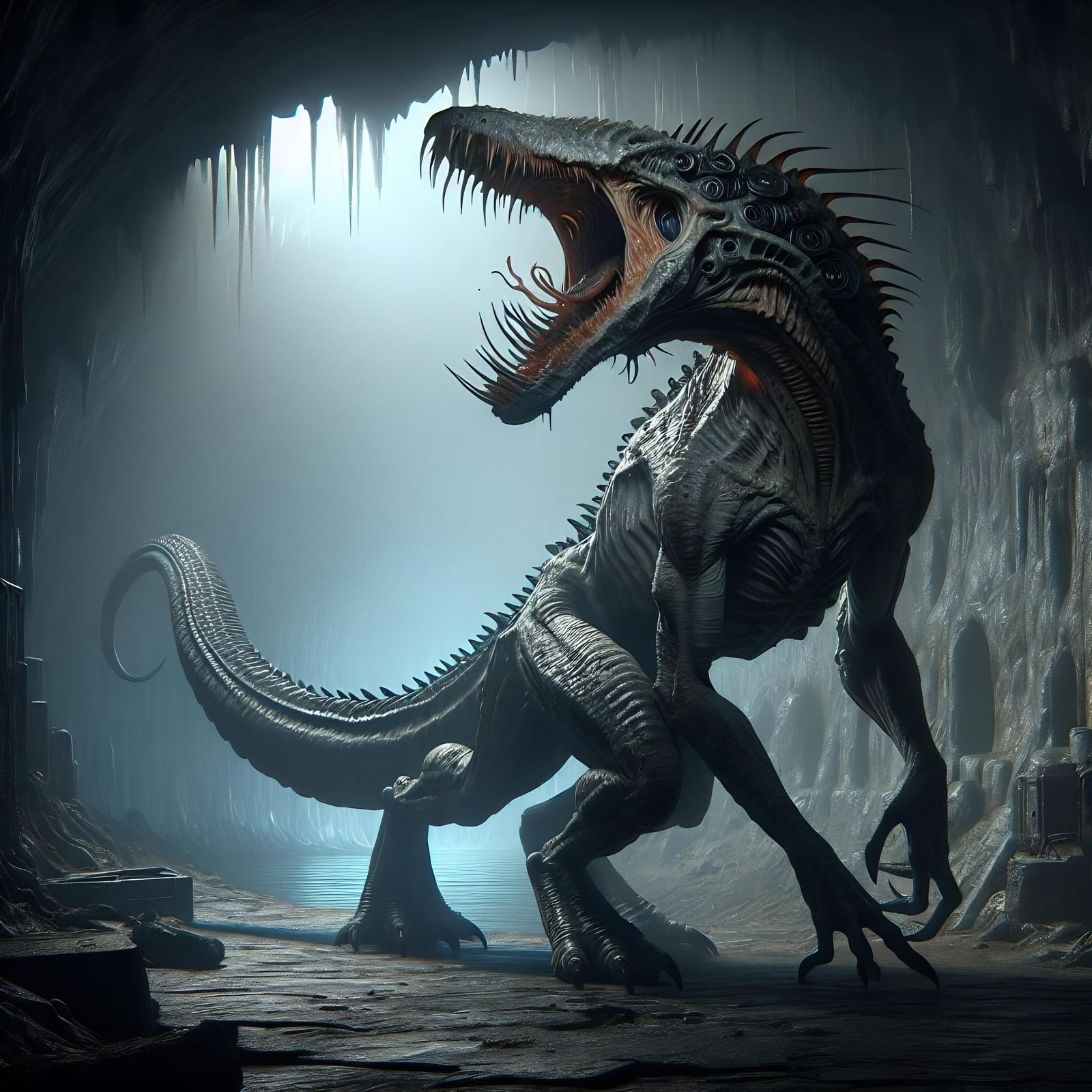 Terrifying Reptilian Beast in Dark Fantasy Cave