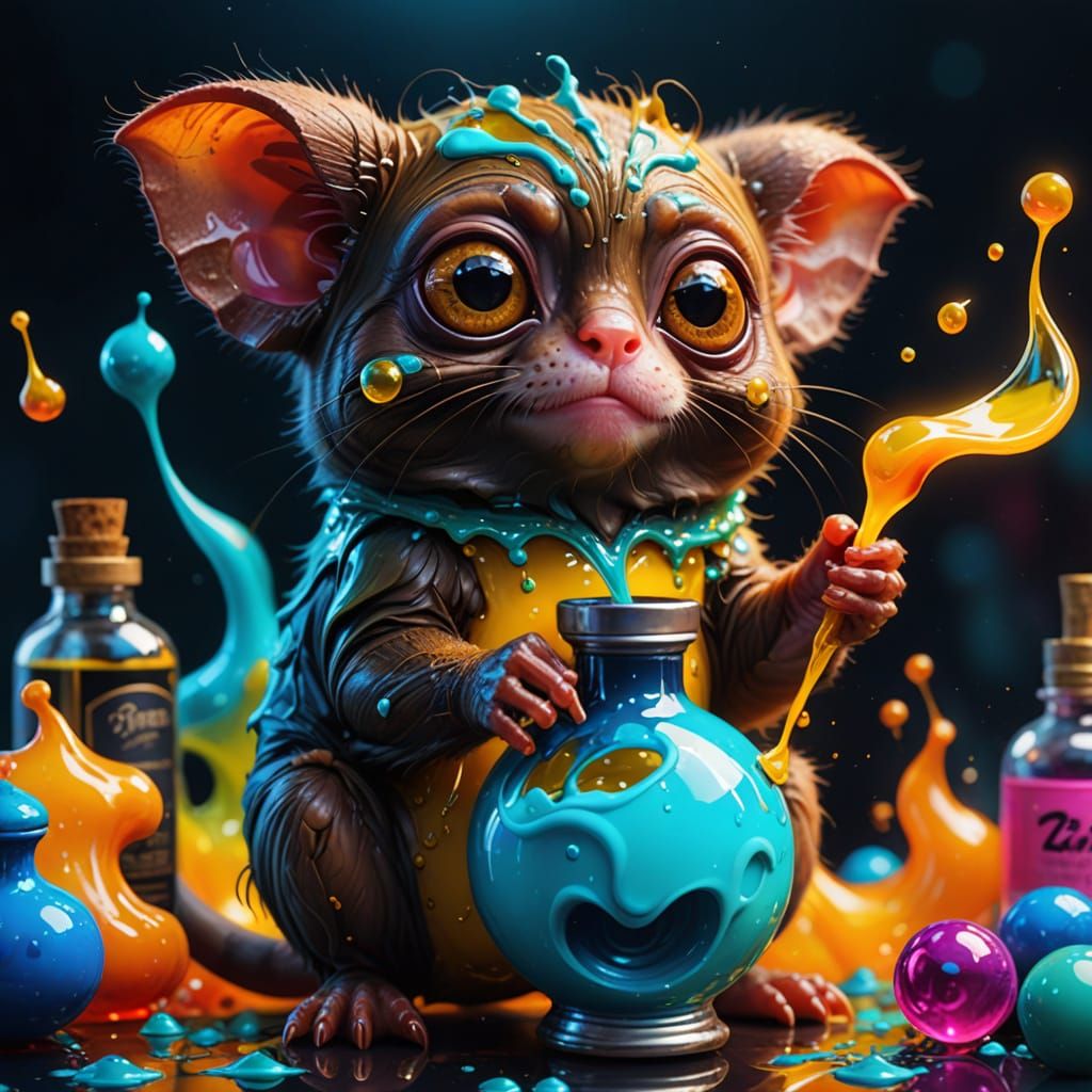 Surreal Tarsier Holds Vibrant Potion in Oil Painting Style