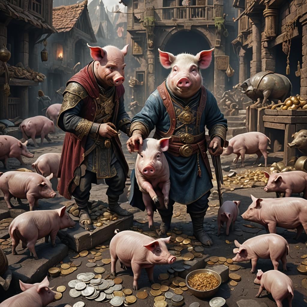 Anthropomorphic Pig Steals Money: Detailed Matte Painting