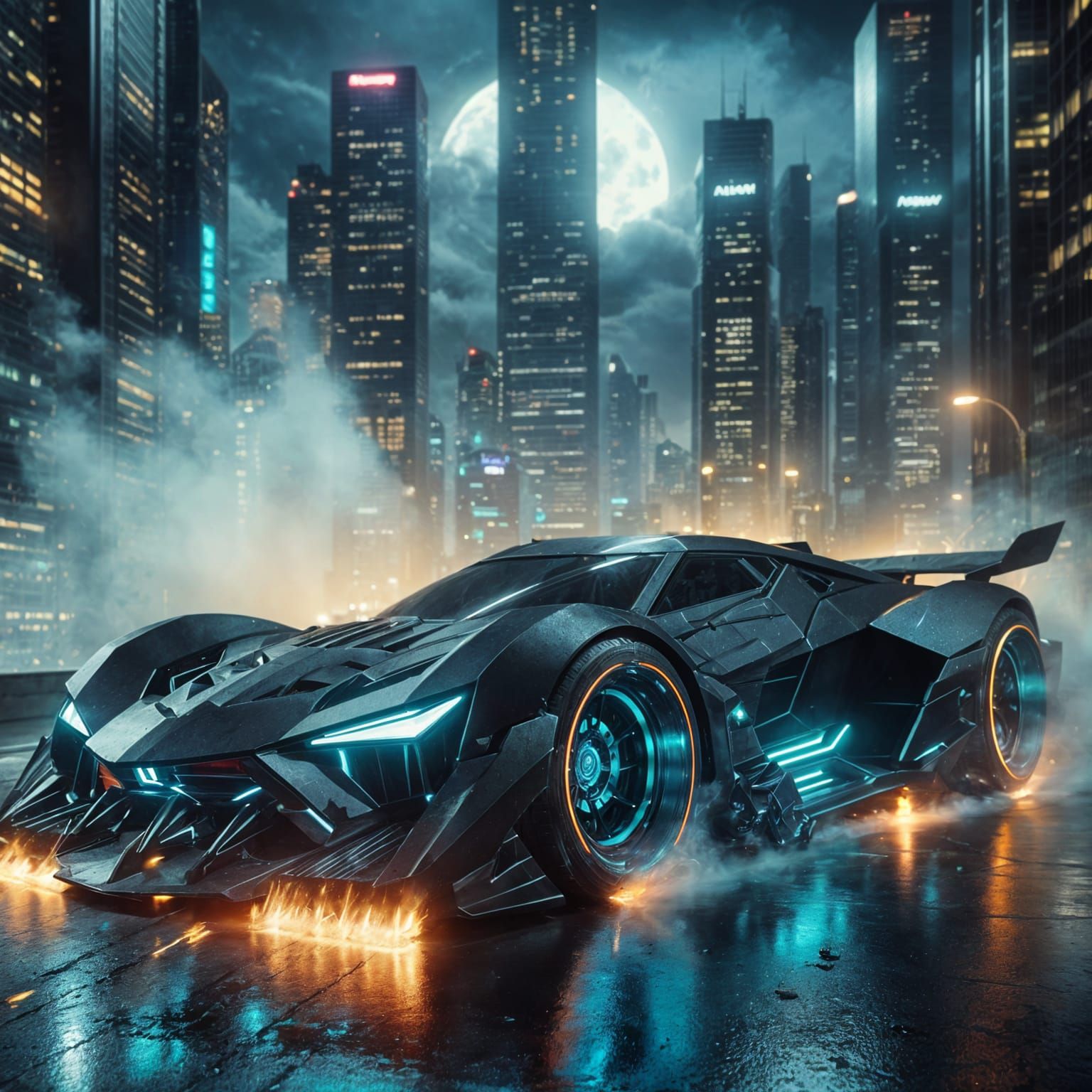Futuristic Armored Supercar Speeds Through Neon Cityscape