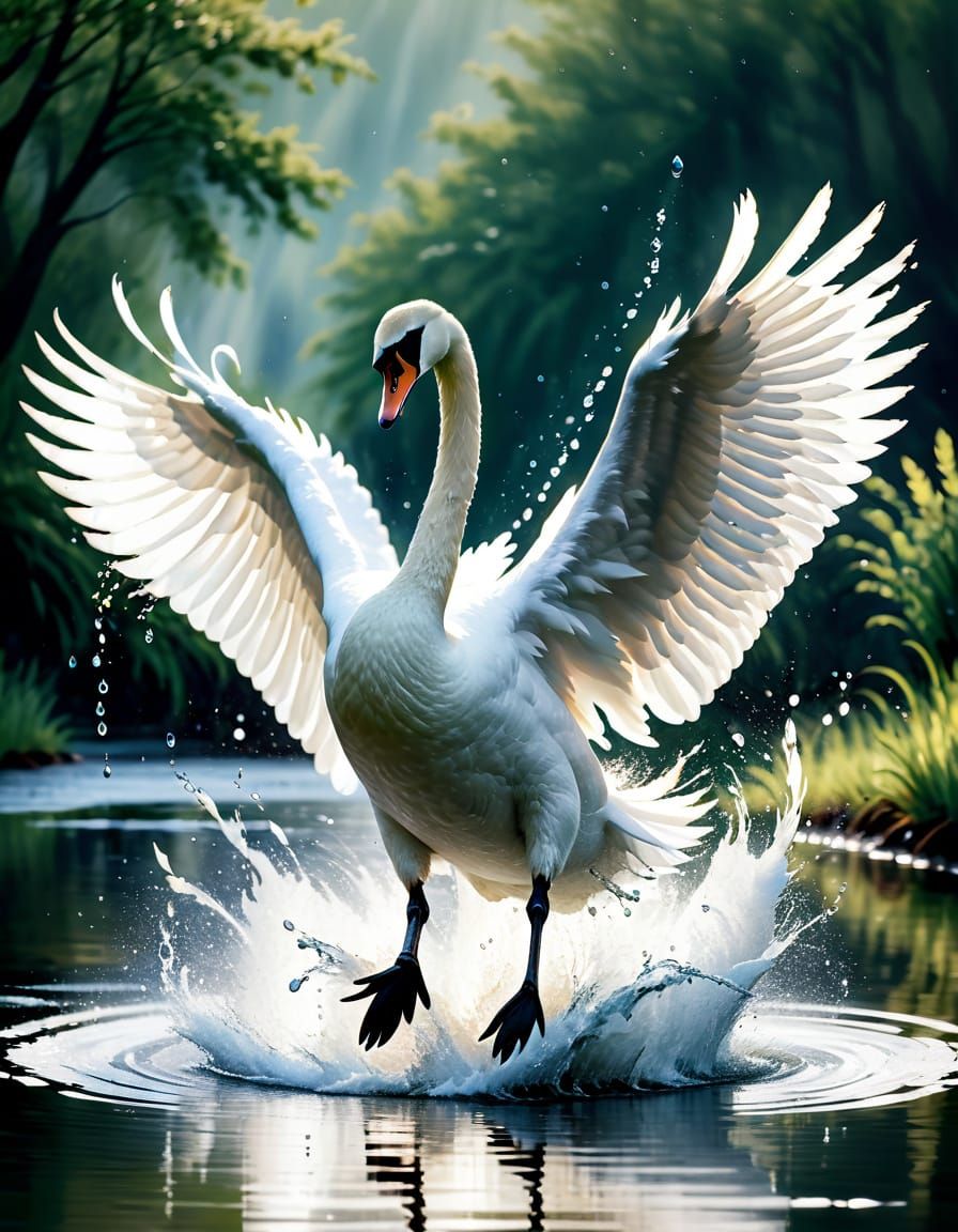 Swan Lands in Serene Water with Outstretched Wings