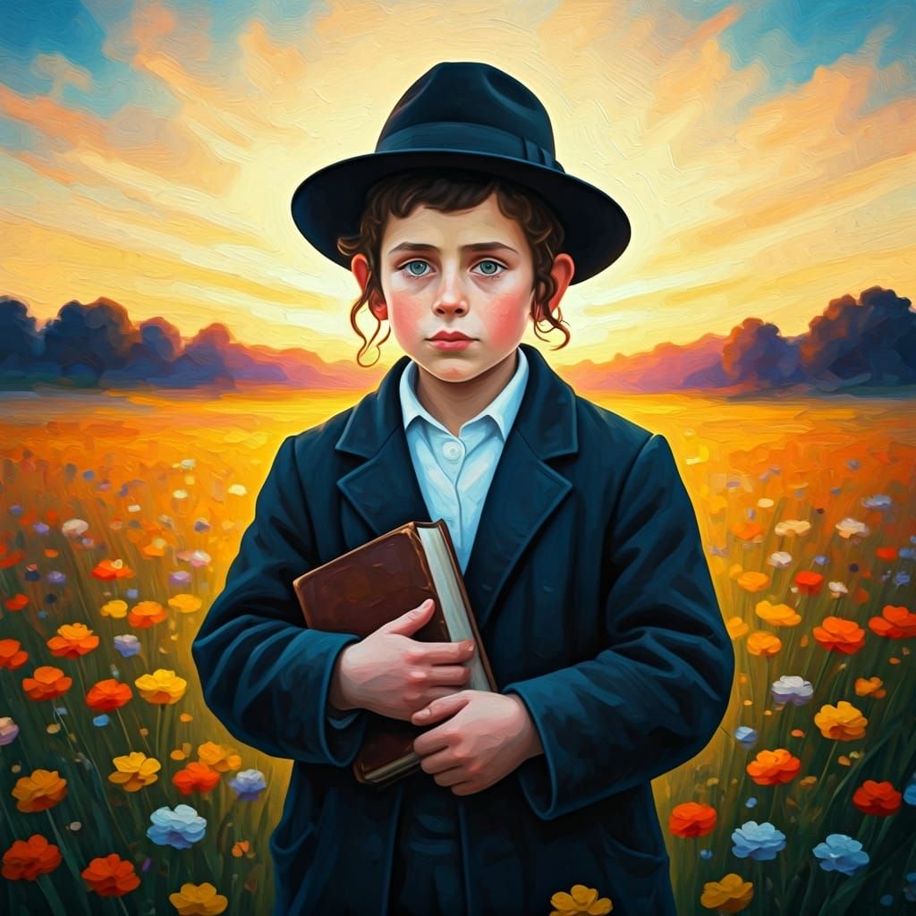 Hasidic Boy in Wildflower Field: Impressionist Style