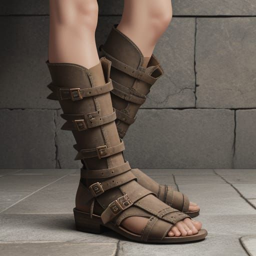 Ancient Gladiator Boot in Earthy Tones, Standing on Stone Fl...