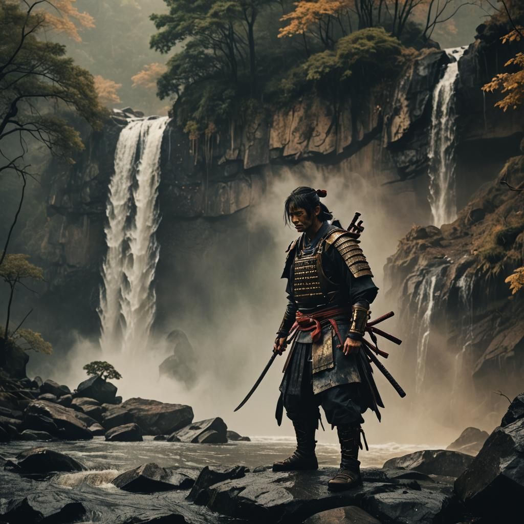 Samurai at Waterfall Edge in Cinematic Style
