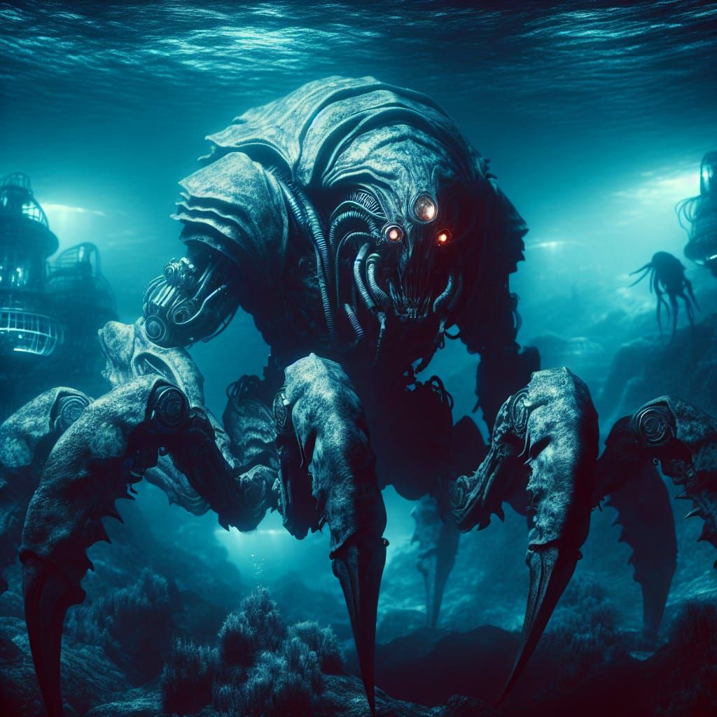 Cyberpunk Crab-Man Hybrid in Ocean Abyss