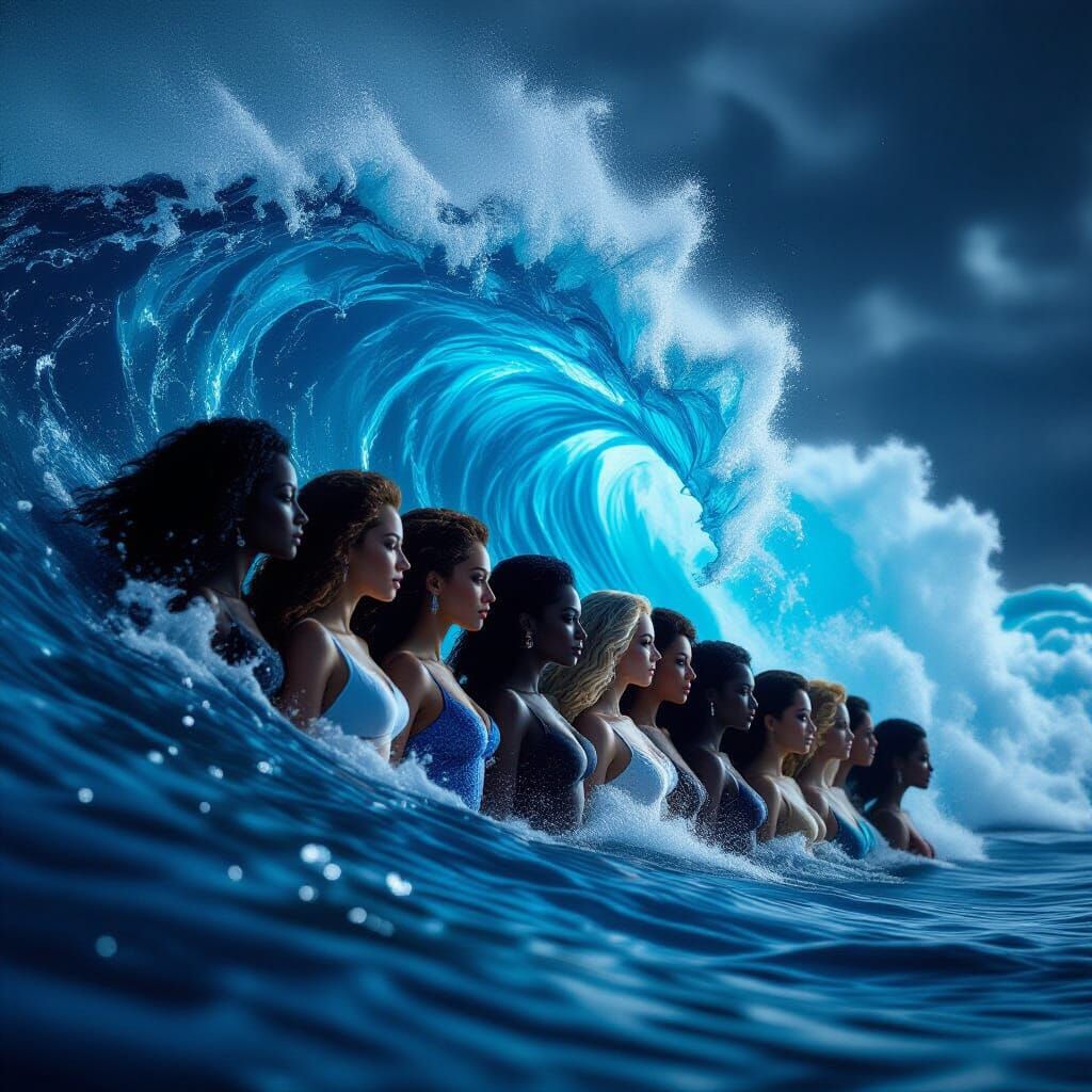 Blue Wave of Women: Hyperrealistic Cinematic Art