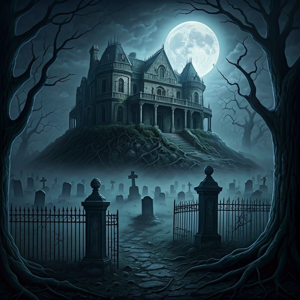 Eerie Mansion Under Moonlight, Gothic Horror Art