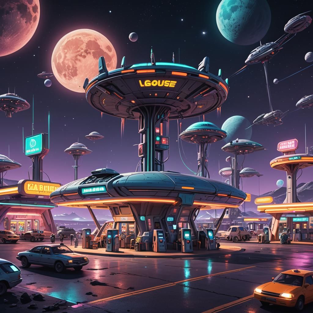 Neon Lit Alien Gas Station on Moon