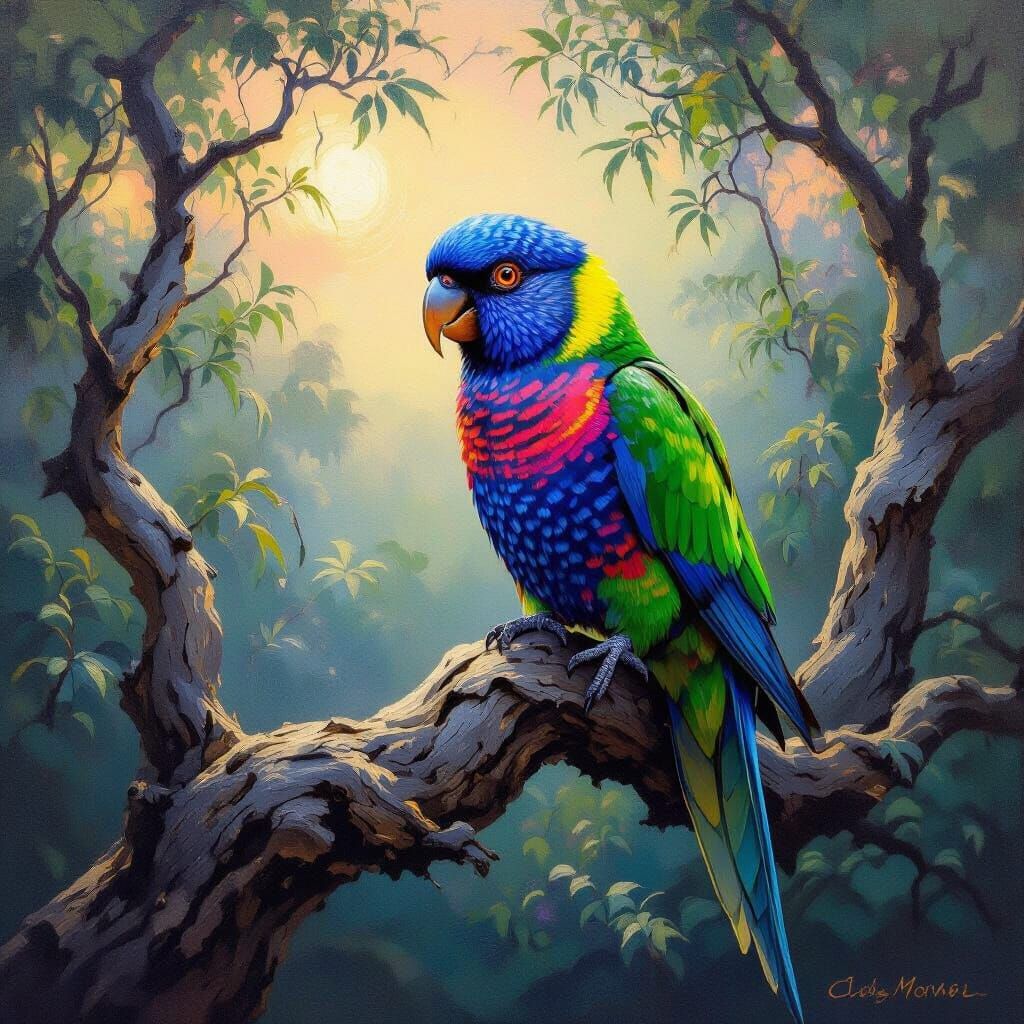 Impressionist Rainbow Lorikeet in Twilight Forest
