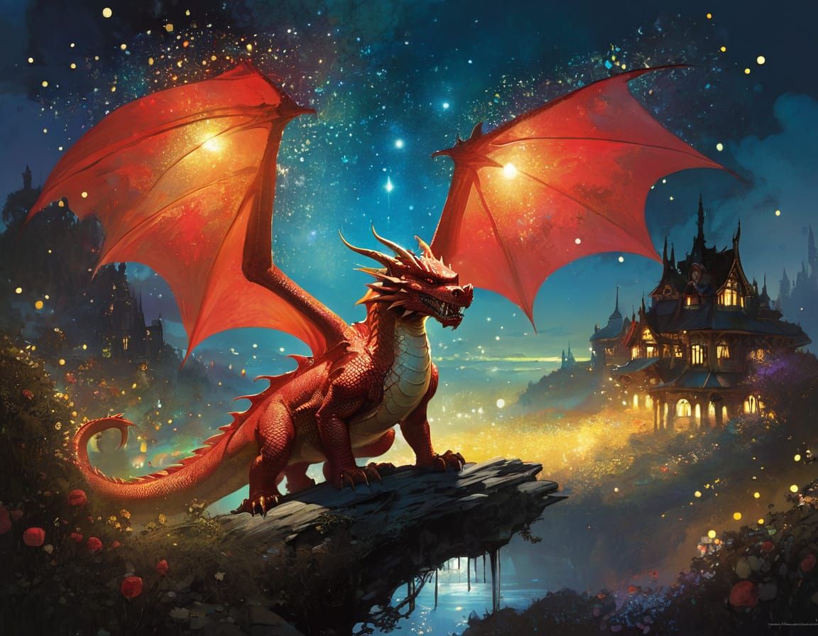 Magical Red Dragon Painting Serene Landscape in Golden Light