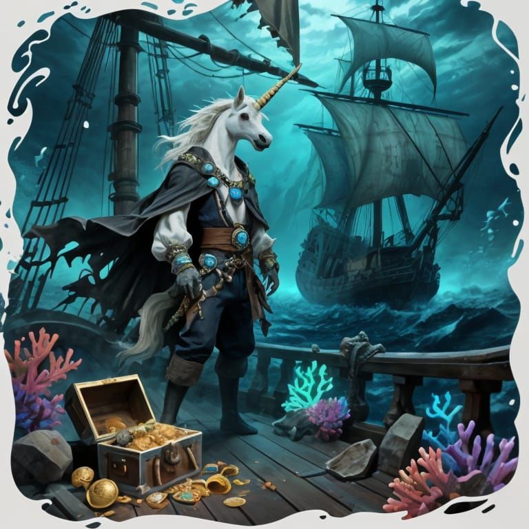 Unicorn Pirate on Ghost Ship in Liquid Ink Style