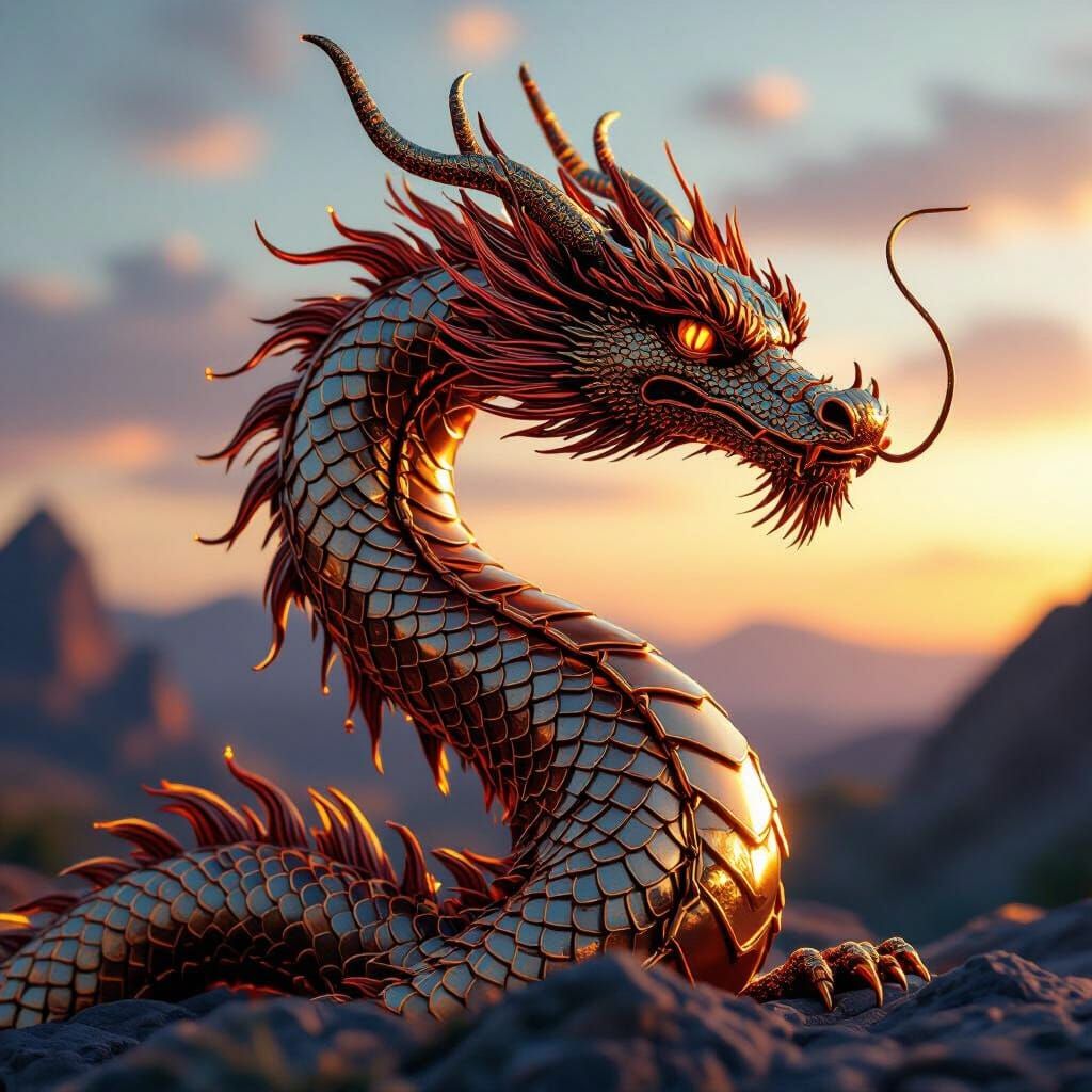 Braided Copper and Gold Dragon Sculpture in Twilight