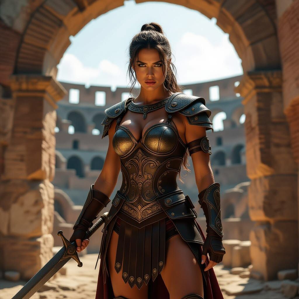 Female Gladiator in Roman Colosseum, Photorealistic Detail
