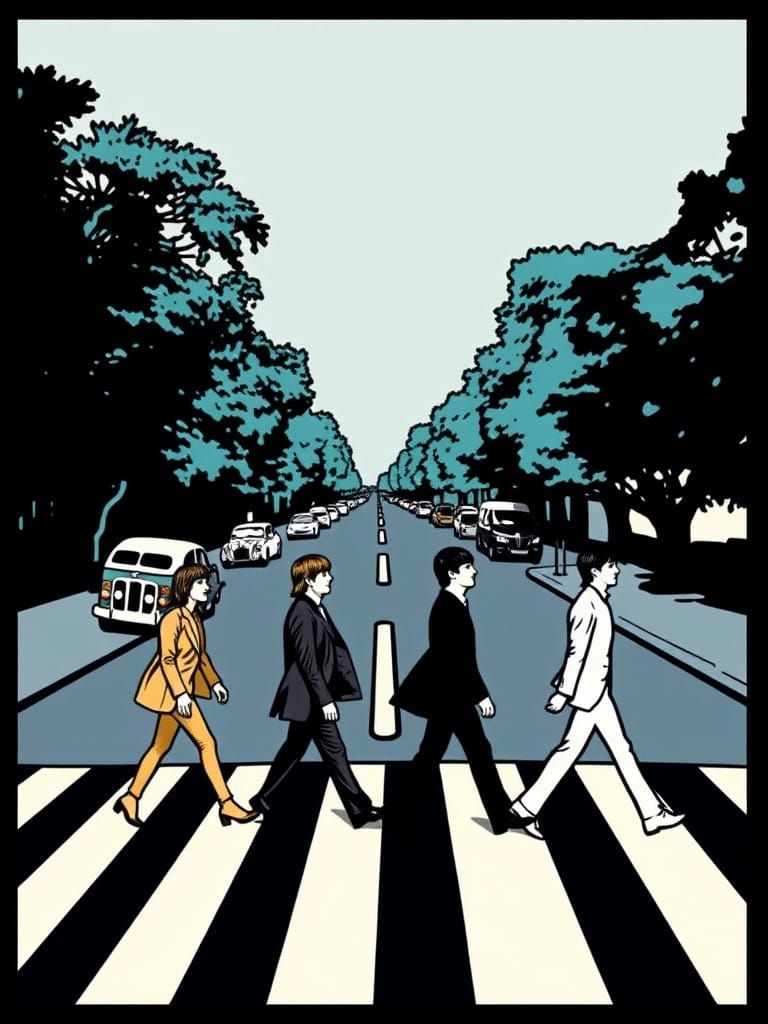 Pop Art Beatles at Abbey Road in Vibrant Ben-Day Dots