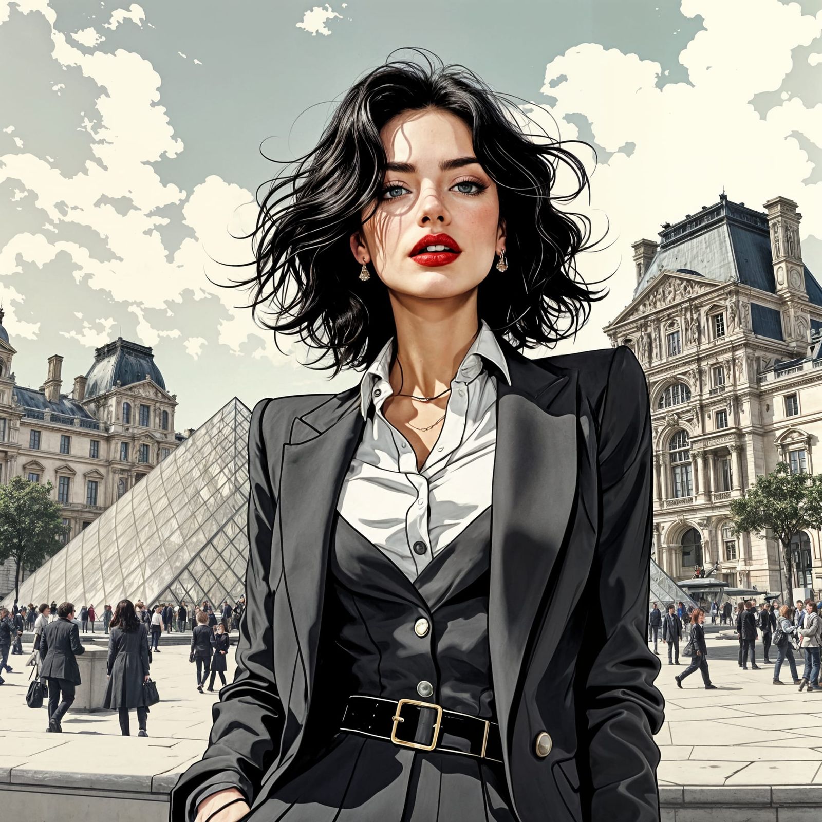 Sophisticated Parisian Woman in Front of the Louvre