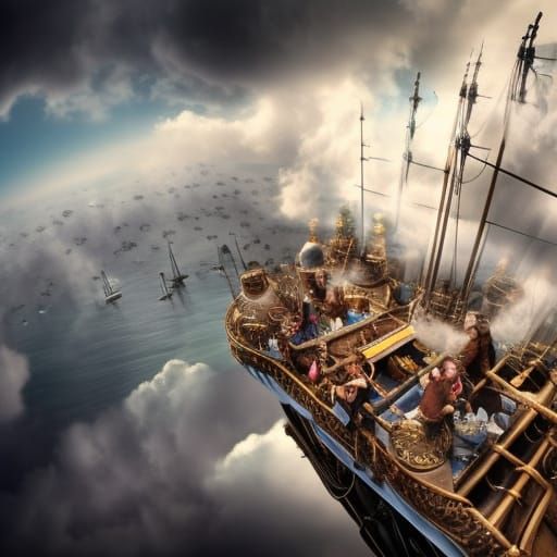 Steampunk Cloud Ship Voyage in Detailed Oil Painting