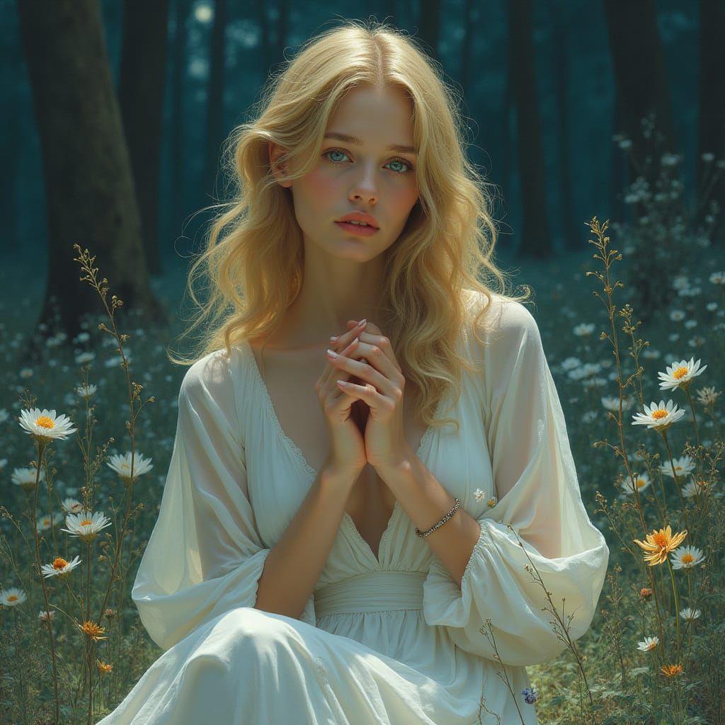 Contemplative Woman in Moonlit Garden, Pre-Raphaelite Style