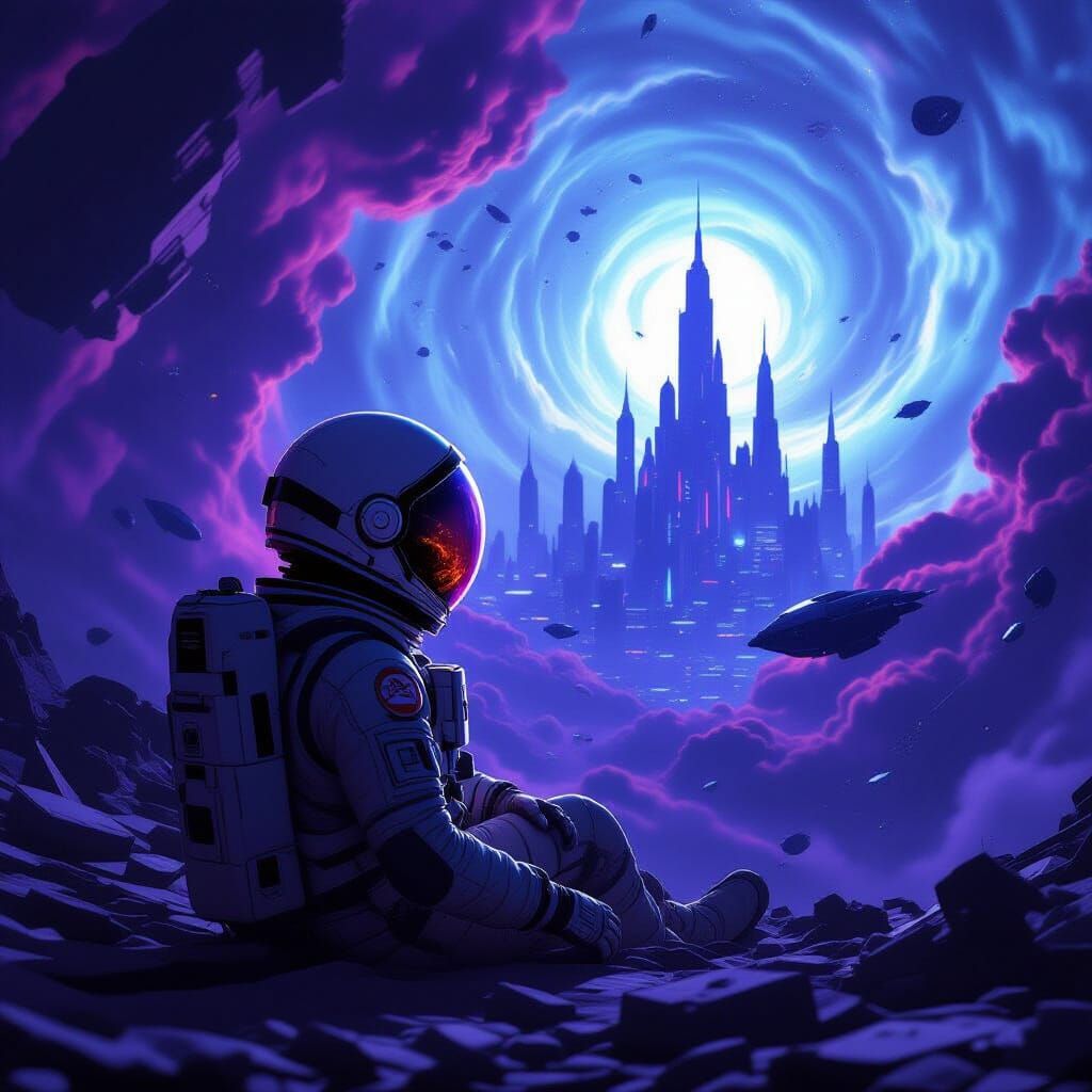Astronaut Adrift in Nebula Reflecting Alien City