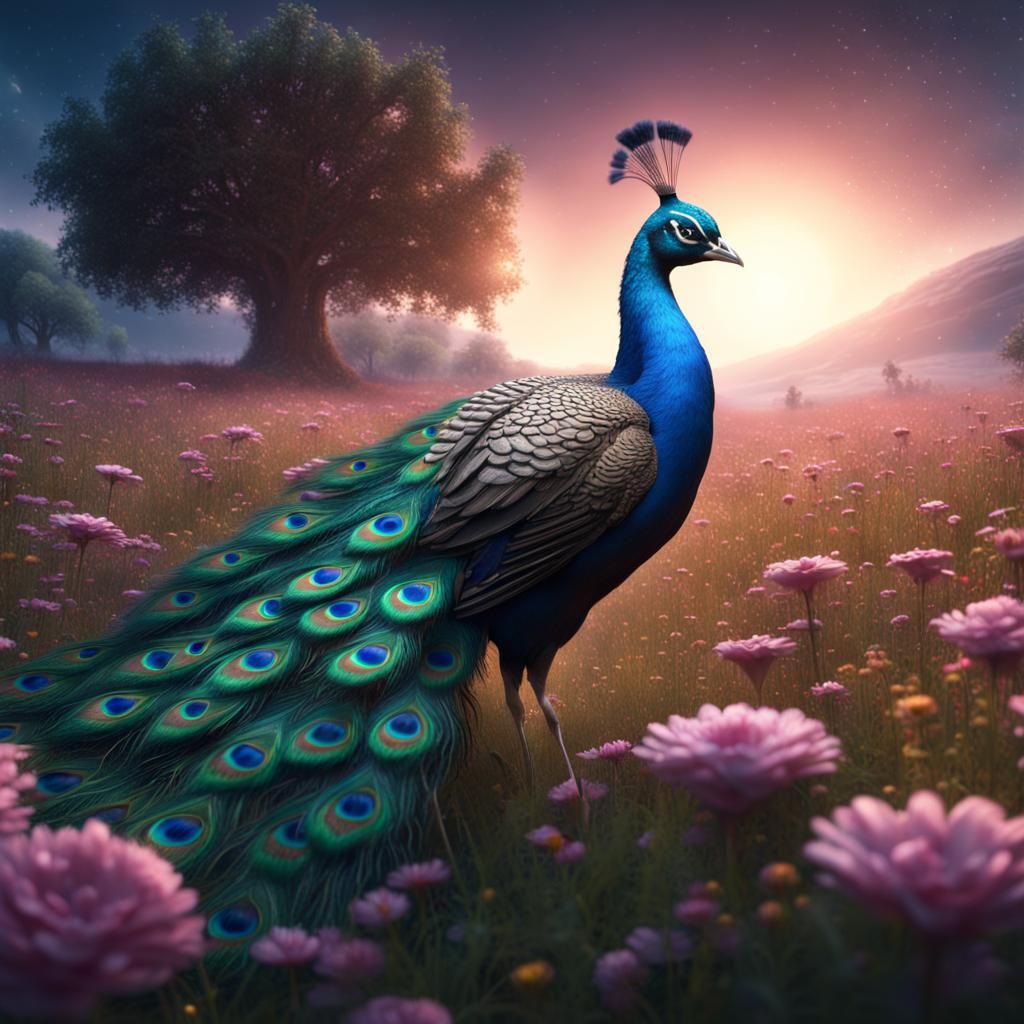 Peacock in Flowery Meadow, Detailed Matte Painting