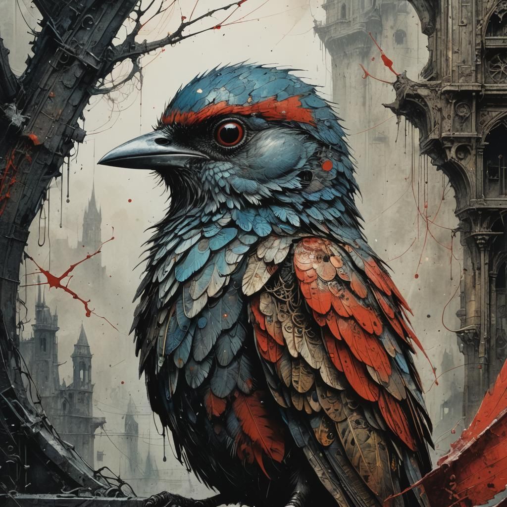 Dystopian Medieval Bird Portrait with Colored Wings