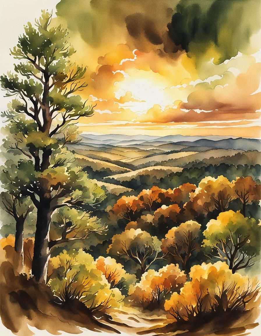 Ink & watercolor illustration : olive green, brown, tan, aut...