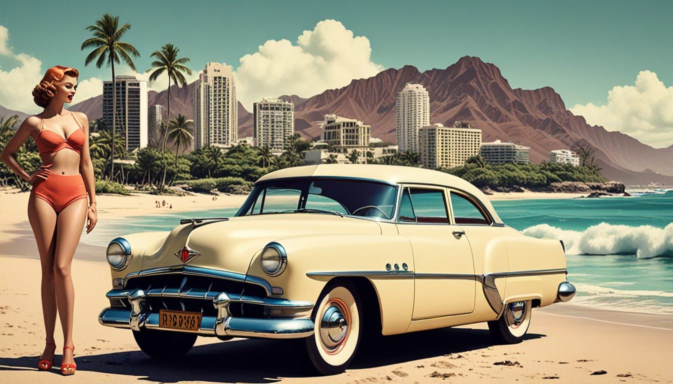 Retro Movie Star in Bikini Poses on 1950s Hawaii Beach