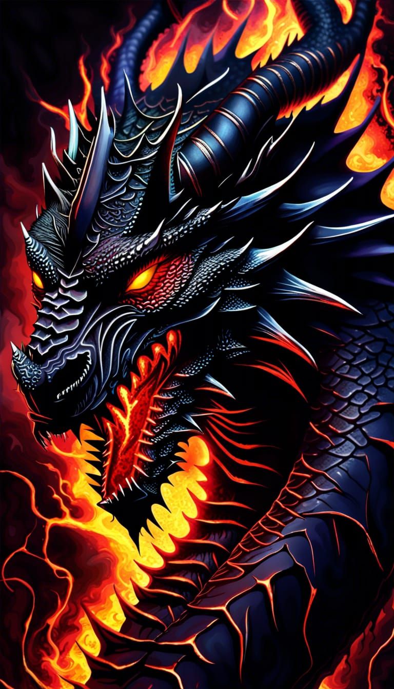 Thorny Black Dragon God with Fiery Veins