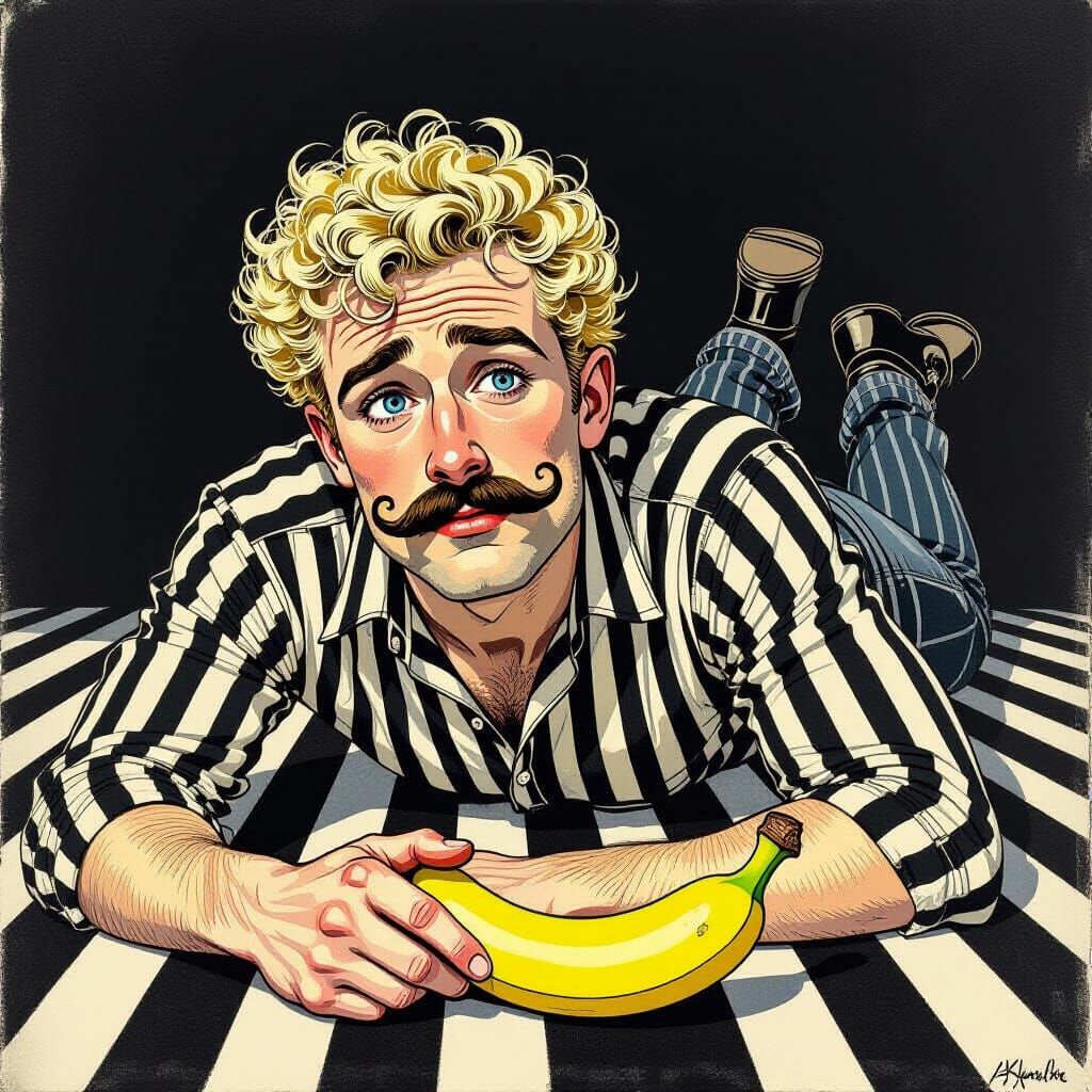 Sad Man with Banana: A Black and White Illustration