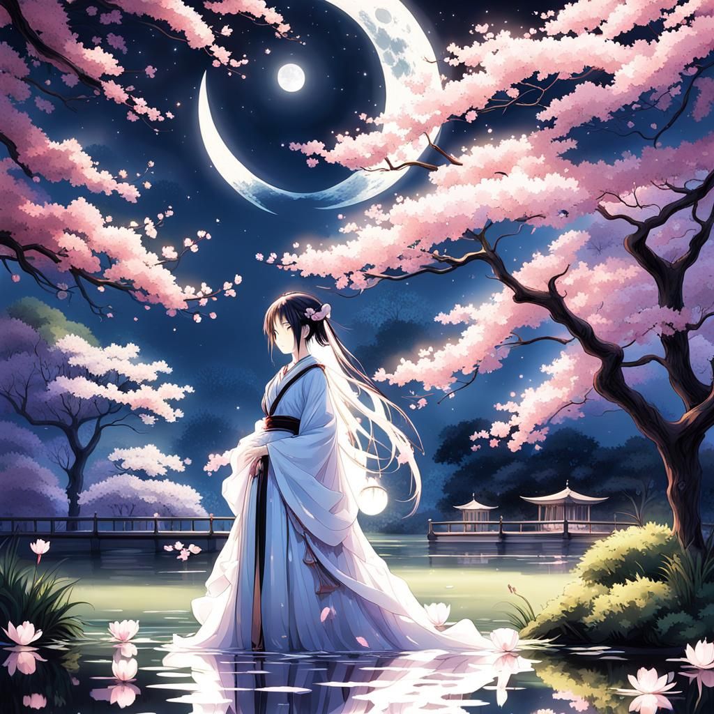 Anime Girl in Moonlit Cherry Blossom Garden