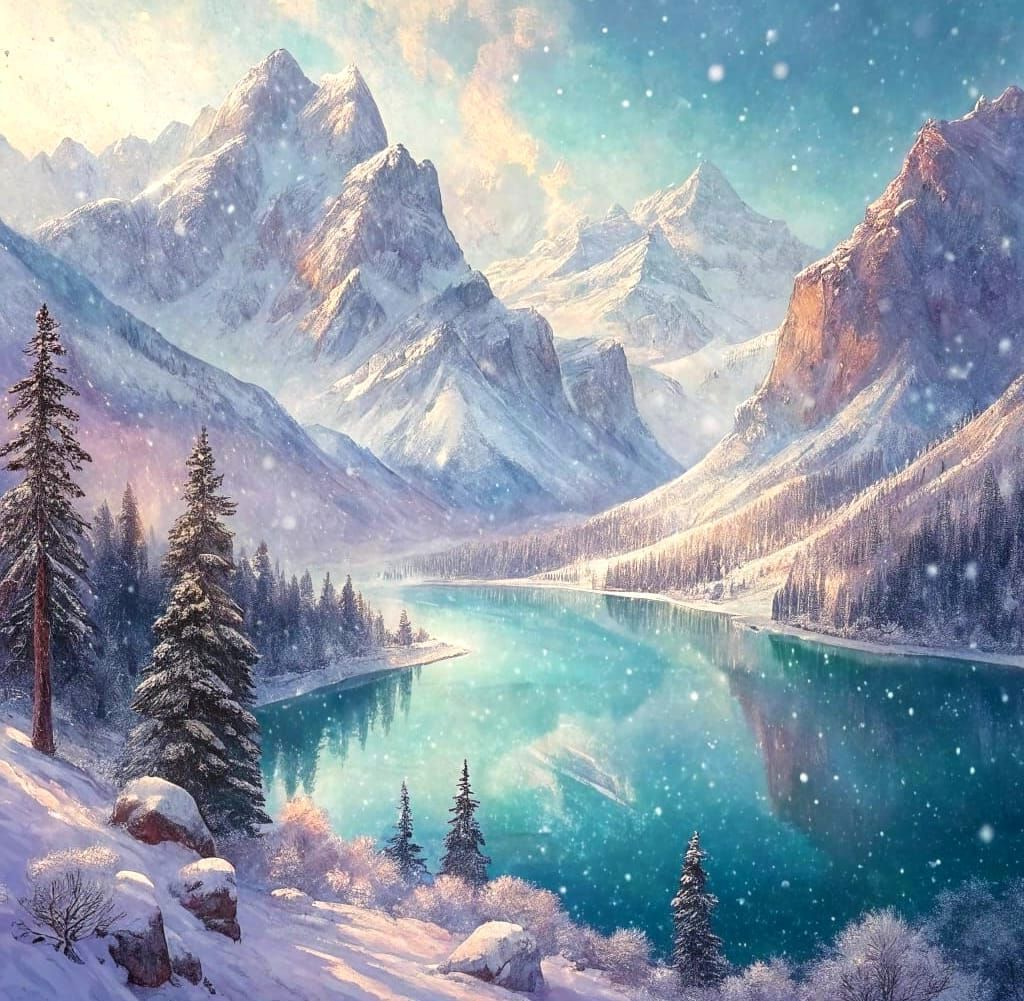 Winter Mountain Lake in Impressionist Watercolour