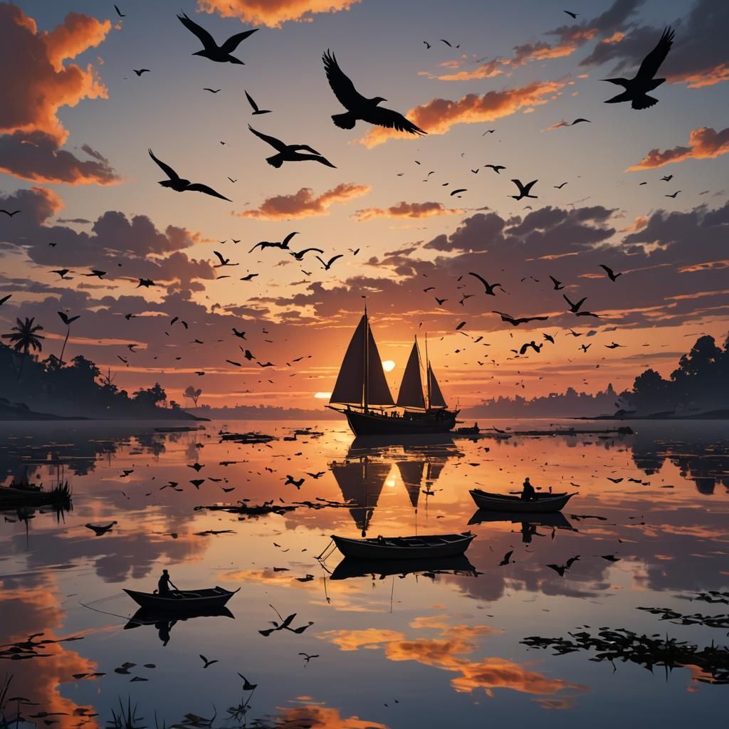 Serene Sunset Boat Silhouettes in Warm Hues