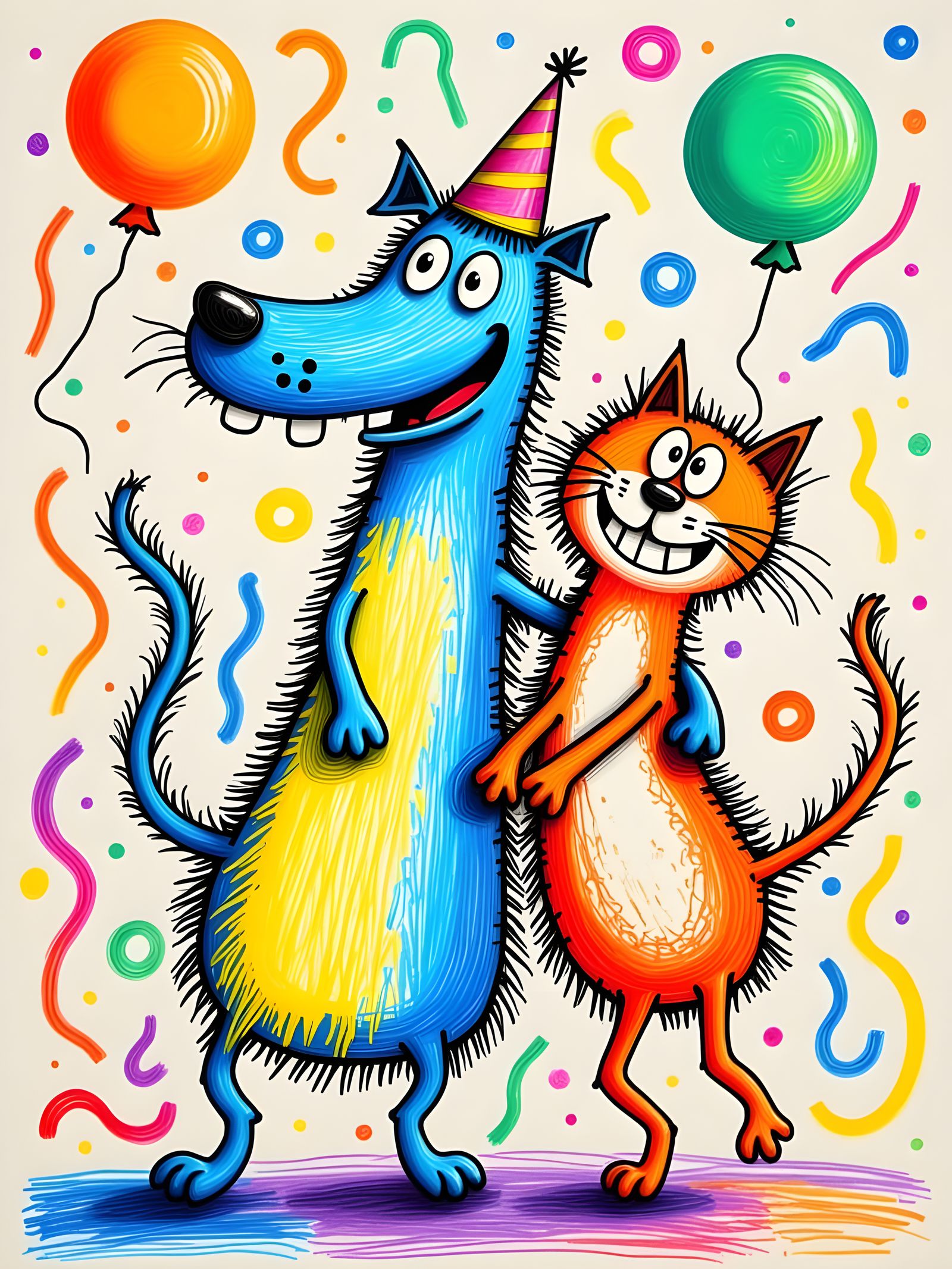 Child's Crayon Drawing of Dancing Dog and Cat