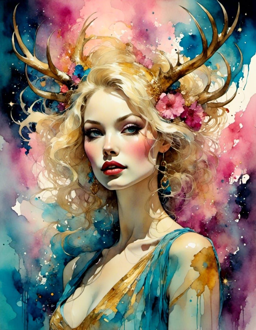 Stunning Blonde Woman with Antlers in Ligne Claire Style