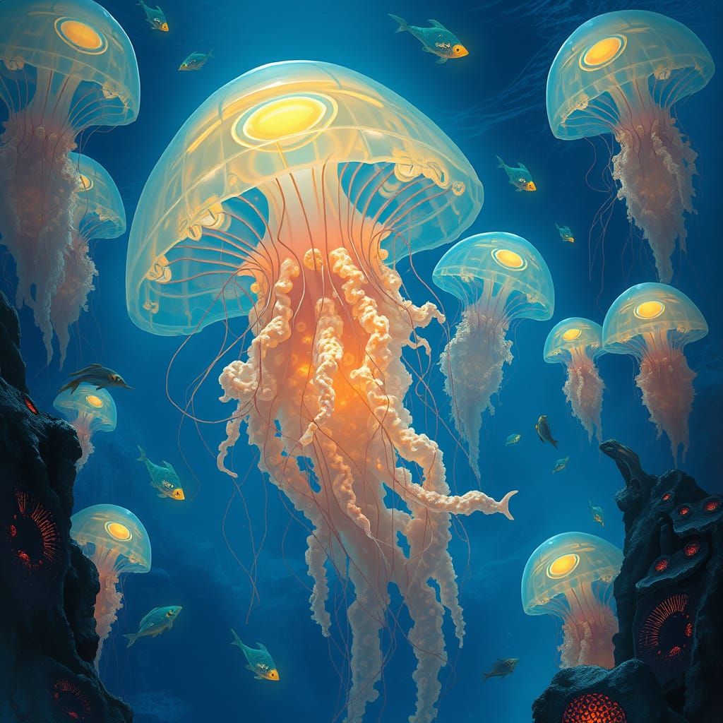 Bioluminescent Jellyfish City in Surreal Underwater Fantasy