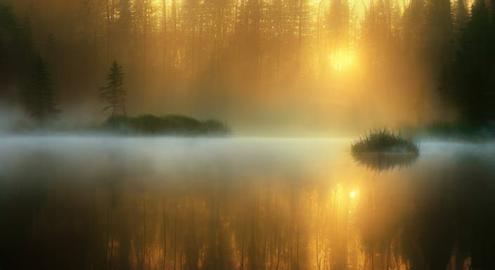 Enchanted Forest: Sunrise Over Misty Waters