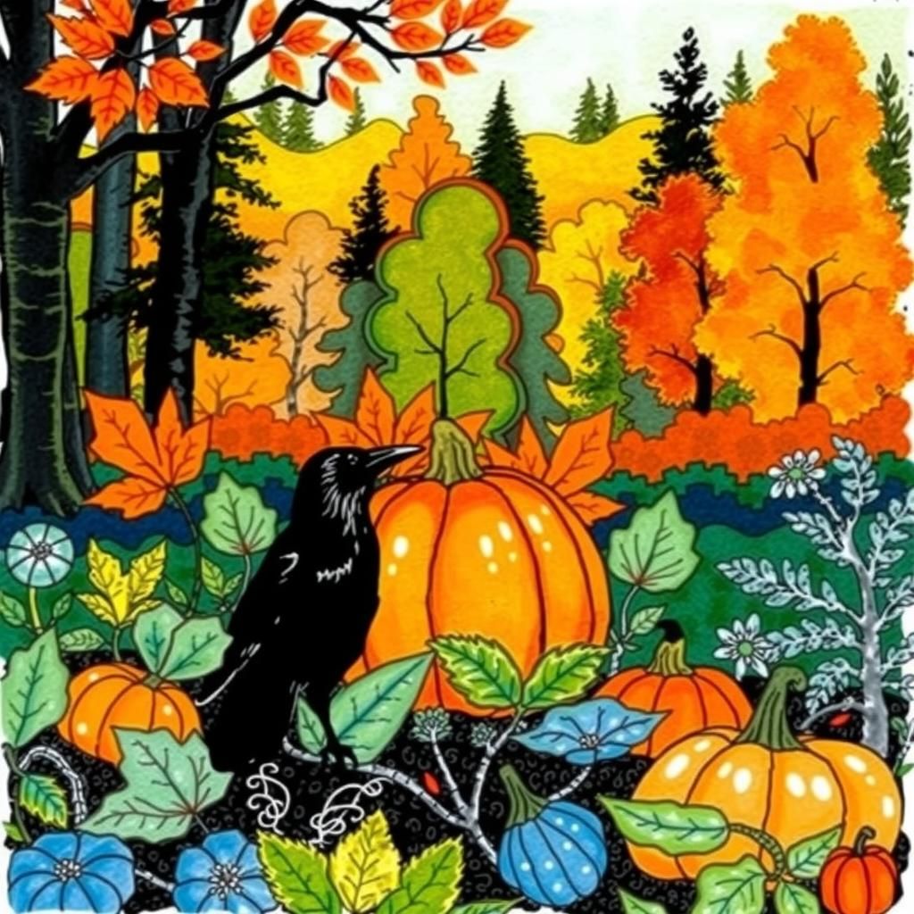 Autumn Pumpkin Patch with Crow in Alcohol Ink