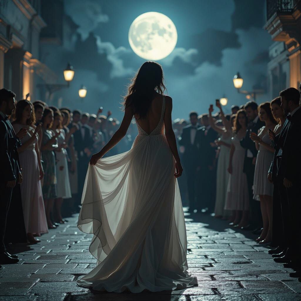 Woman Surrounded by Crowd with Cinematic Lighting