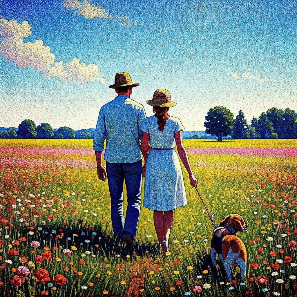 Couple and Beagle in Pointillist Meadow