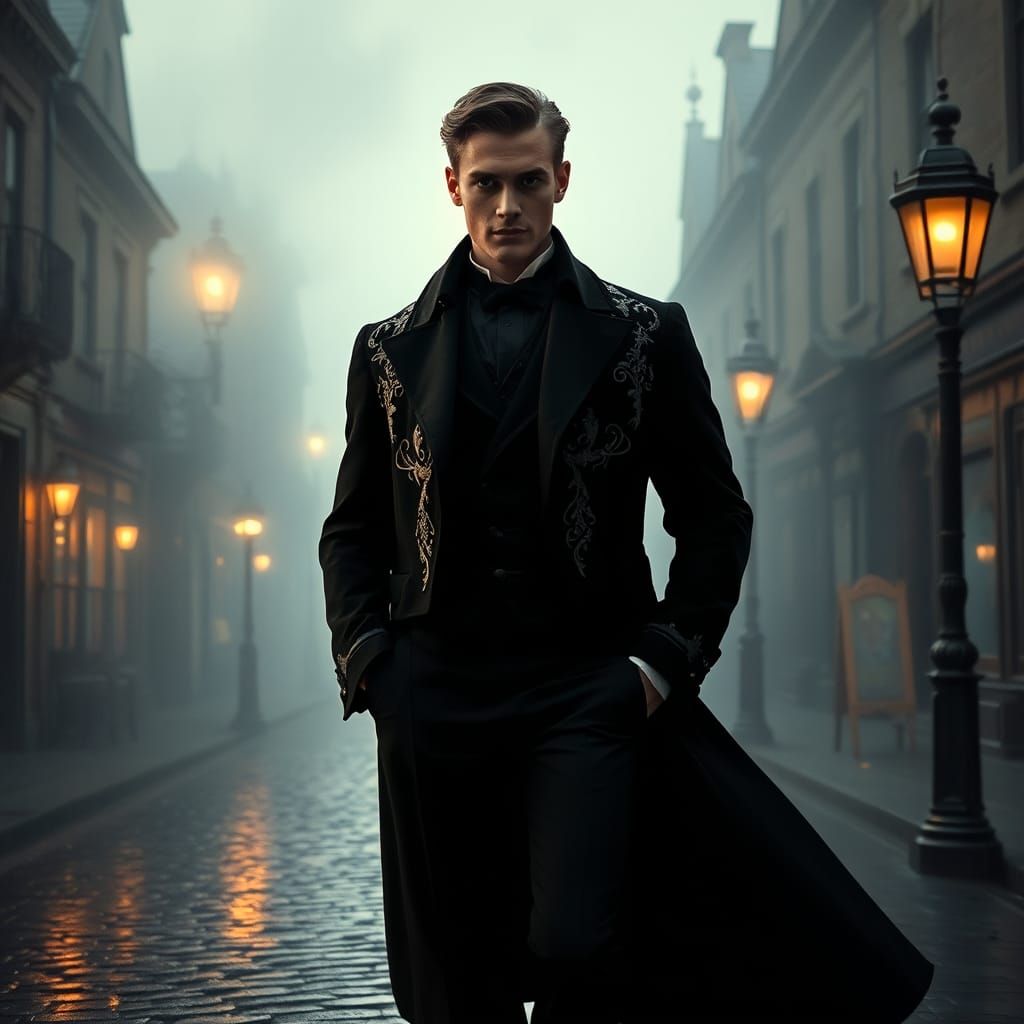 Gothic Victorian Man in Misty Town