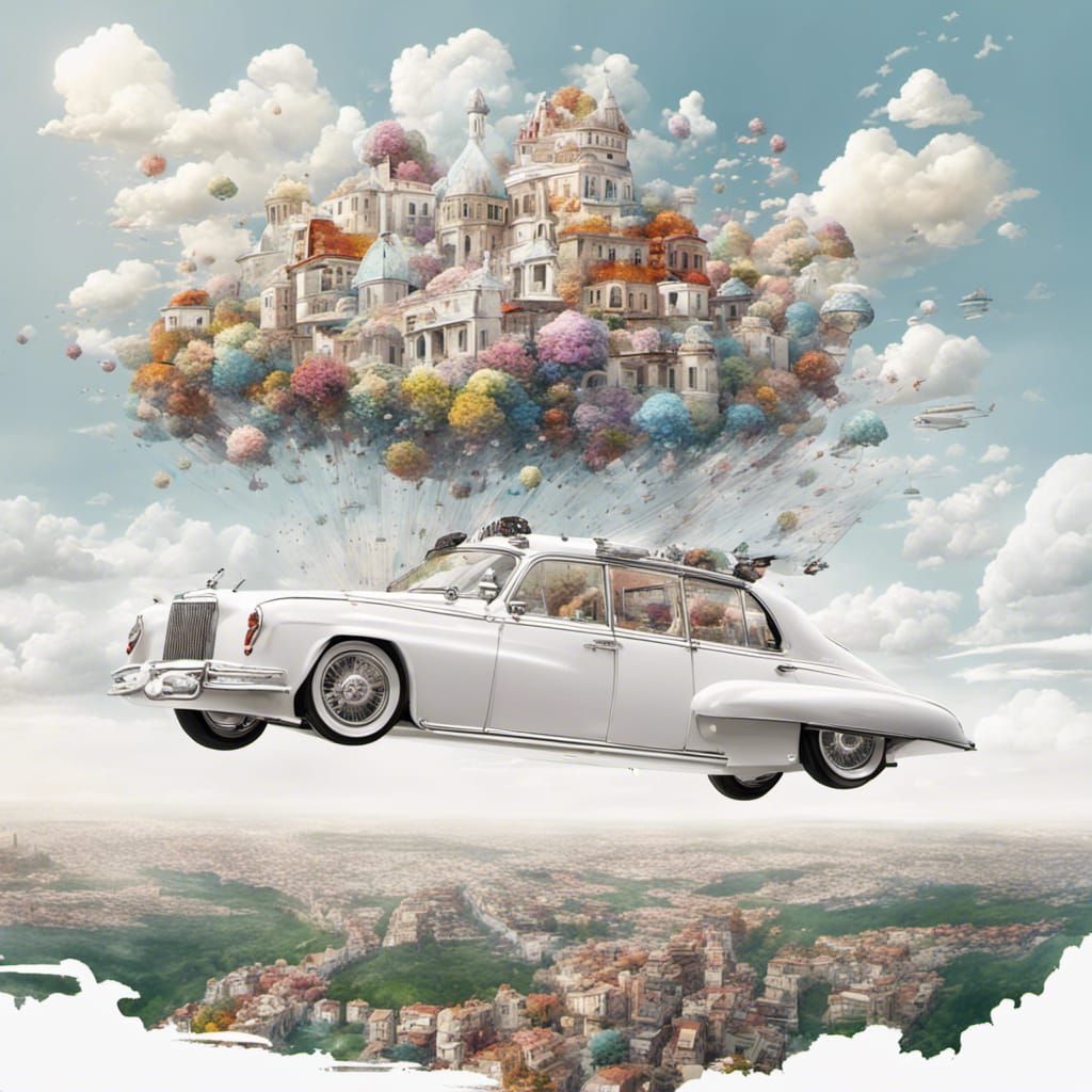 Flying Wedding Car Over Modern Cityscape